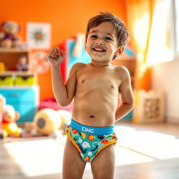A young boy playfully posing in his colorful briefs, standing in a bright, cheerful environment, such as a sunny bedroom or playful outdoor setting