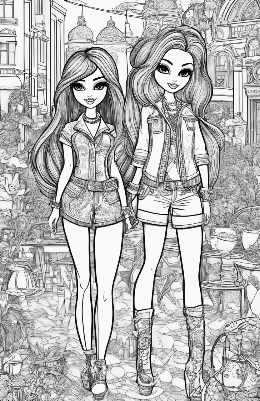 A black and white, intricately detailed colouring book page featuring the Bratz dolls in a lively social scene, drawn in the style of artist Tim Jeffs