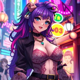 A captivating anime-style portrayal of a very sexy transvestite, showcasing elegant and stylish clothing that highlights a voluptuous figure