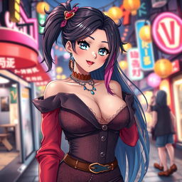 A captivating anime-style portrayal of a very sexy transvestite, showcasing elegant and stylish clothing that highlights a voluptuous figure