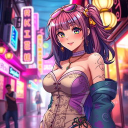 A captivating anime-style portrayal of a very sexy transvestite, showcasing elegant and stylish clothing that highlights a voluptuous figure