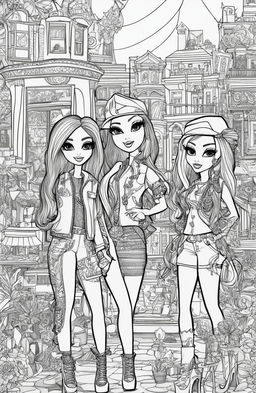 A black and white, intricately detailed colouring book page featuring the Bratz dolls in a lively social scene, drawn in the style of artist Tim Jeffs