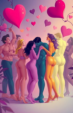 An artistic representation of the concept of pleasure in sexuality, showcasing a diverse group of adult figures embracing their sensuality in a tasteful and celebratory manner