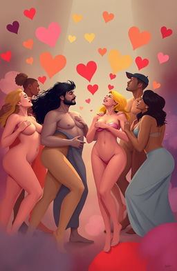 An artistic representation of the concept of pleasure in sexuality, showcasing a diverse group of adult figures embracing their sensuality in a tasteful and celebratory manner