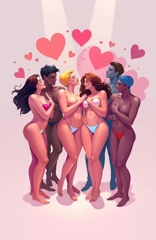 An artistic representation of the concept of pleasure in sexuality, showcasing a diverse group of adult figures embracing their sensuality in a tasteful and celebratory manner