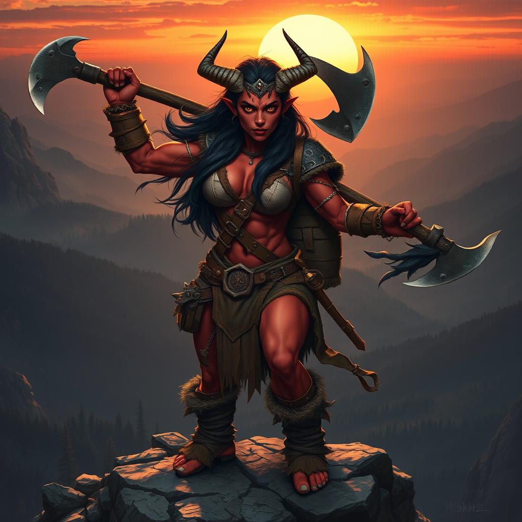 A powerful tiefling barbarian standing triumphantly on a rocky cliff, showcasing her muscular physique