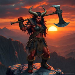 A powerful tiefling barbarian standing triumphantly on a rocky cliff, showcasing her muscular physique