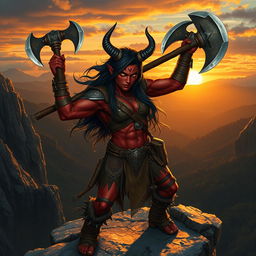 A powerful tiefling barbarian standing triumphantly on a rocky cliff, showcasing her muscular physique