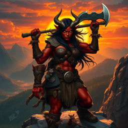 A powerful tiefling barbarian standing triumphantly on a rocky cliff, showcasing her muscular physique