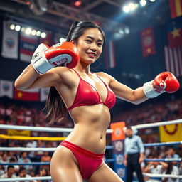 A Chinese woman confidently participating in a lively boxing match while wearing a stylish bikini