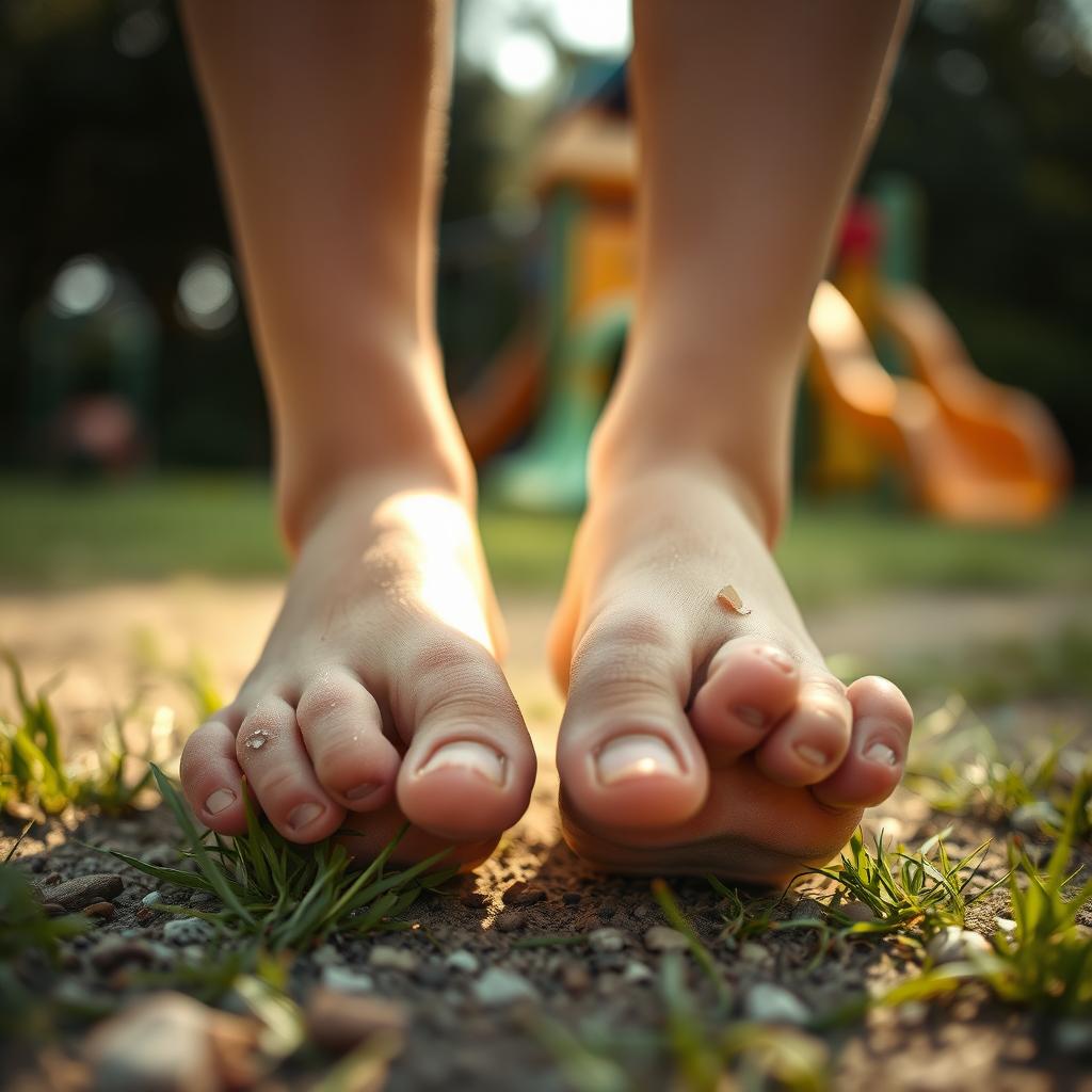 A close-up shot of a boy's feet, highlighting the intricate details of the toes and soles, showcasing a leisurely summer afternoon vibe