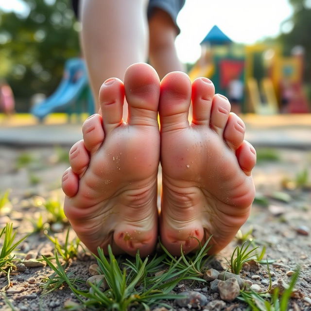 A close-up shot of a boy's feet, highlighting the intricate details of the toes and soles, showcasing a leisurely summer afternoon vibe