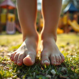 A close-up shot of a boy's feet, highlighting the intricate details of the toes and soles, showcasing a leisurely summer afternoon vibe