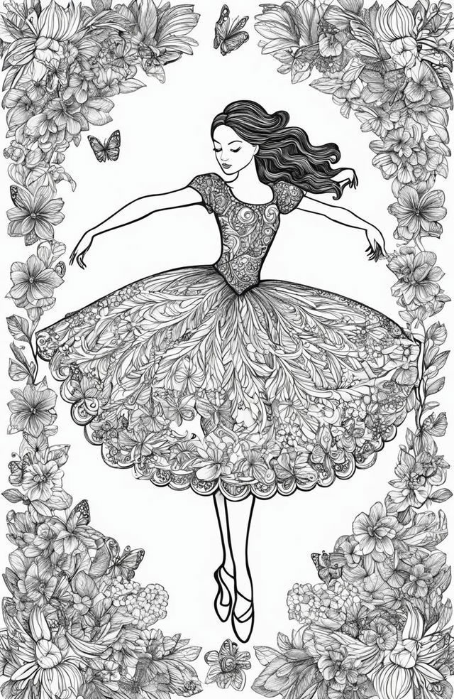 An intricately detailed coloring page featuring a graceful ballerina in mid-pirouette, surrounded by Johanna Basford's signature botanical motifs and butterflies