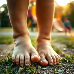 A close-up shot of a boy's feet, highlighting the intricate details of the toes and soles, showcasing a leisurely summer afternoon vibe