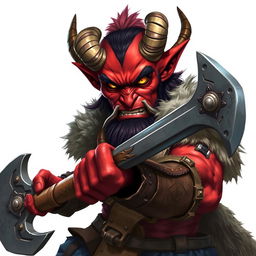 A fierce Tiefling barbarian, showcasing vibrant red skin, impressive horns curling from their forehead, and striking yellow eyes filled with determination