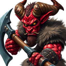 A fierce Tiefling barbarian, showcasing vibrant red skin, impressive horns curling from their forehead, and striking yellow eyes filled with determination