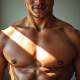A close-up of a young man's toned abs, glistening with a hint of sweat, showcasing the contours and definition of his musculature