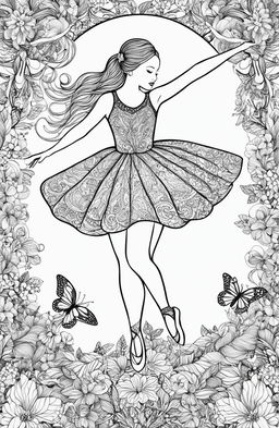 An intricately detailed coloring page featuring a graceful ballerina in mid-pirouette, surrounded by Johanna Basford's signature botanical motifs and butterflies