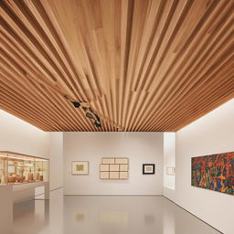 Design a striking exhibition area within an art museum, filled with intriguing display objects and artifacts. Above, a wooden coffered ceiling adds depth and architectural interest.