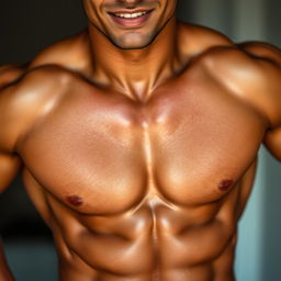 A close-up of a young man's toned abs, glistening with a hint of sweat, showcasing the contours and definition of his musculature