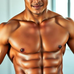 A close-up of a young man's toned abs, glistening with a hint of sweat, showcasing the contours and definition of his musculature