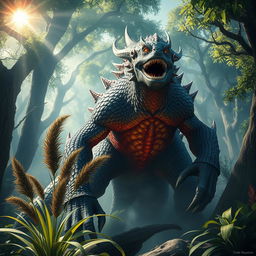 A magnificent and detailed fantasy scene featuring a mighty monster with intricate features, its body adorned with shimmering scales and vibrant, colorful patterns