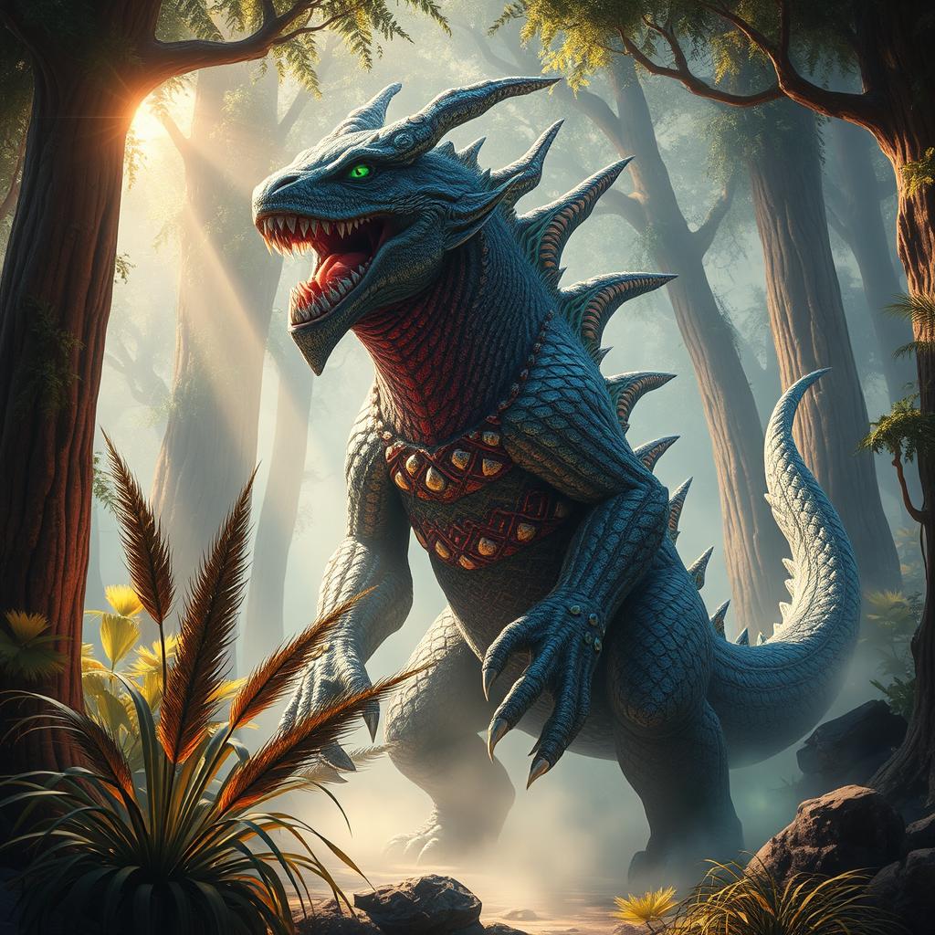 A magnificent and detailed fantasy scene featuring a mighty monster with intricate features, its body adorned with shimmering scales and vibrant, colorful patterns