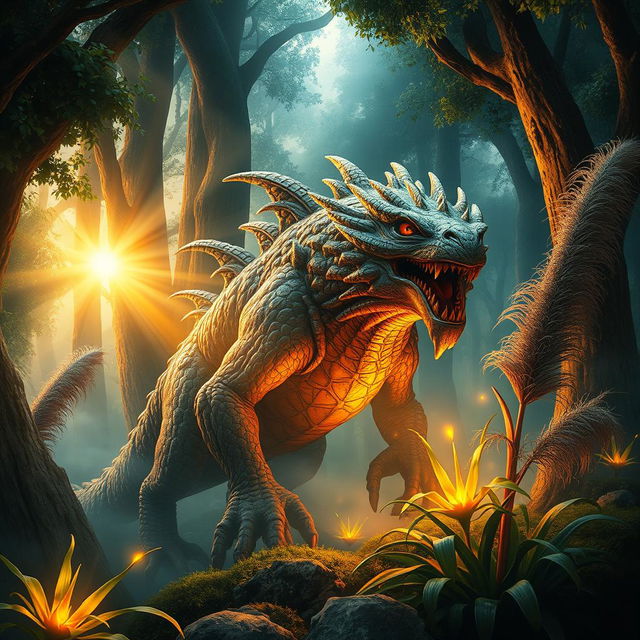 A magnificent and detailed fantasy scene featuring a mighty monster with intricate features, its body adorned with shimmering scales and vibrant, colorful patterns