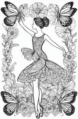 An intricately detailed coloring page featuring a graceful ballerina in mid-pirouette, surrounded by Johanna Basford's signature botanical motifs and butterflies