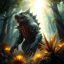 A magnificent and detailed fantasy scene featuring a mighty monster with intricate features, its body adorned with shimmering scales and vibrant, colorful patterns