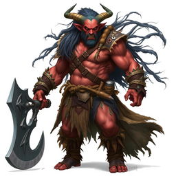 A full-body portrait of a Tiefling barbarian, showcasing their unique features such as the prominent horns, vibrant skin tone, and fierce expression