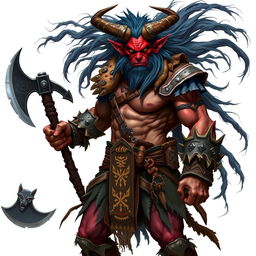 A full-body portrait of a Tiefling barbarian, showcasing their unique features such as the prominent horns, vibrant skin tone, and fierce expression