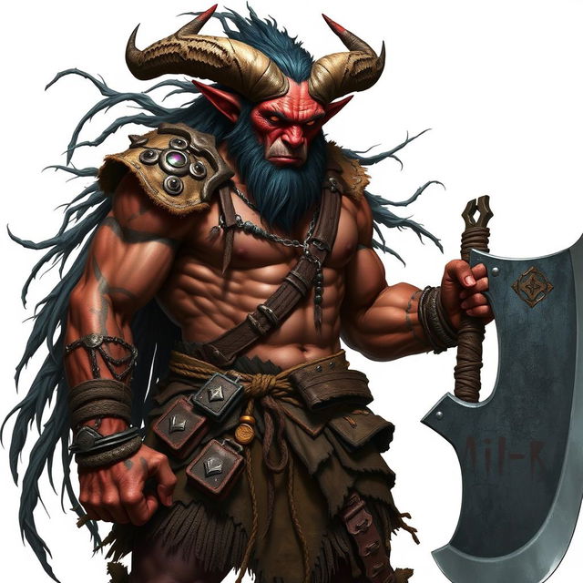 A full-body portrait of a Tiefling barbarian, showcasing their unique features such as the prominent horns, vibrant skin tone, and fierce expression