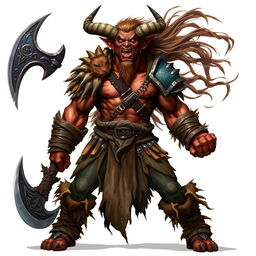 A full-body portrait of a Tiefling barbarian, showcasing their unique features such as the prominent horns, vibrant skin tone, and fierce expression
