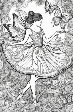 An intricately detailed coloring page featuring a graceful ballerina in mid-pirouette, surrounded by Johanna Basford's signature botanical motifs and butterflies