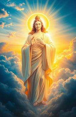 A majestic representation of a divine being, illuminated by radiant beams of light, surrounded by fluffy, ethereal clouds