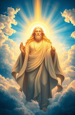 A majestic representation of a divine being, illuminated by radiant beams of light, surrounded by fluffy, ethereal clouds