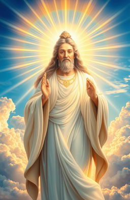 A majestic representation of a divine being, illuminated by radiant beams of light, surrounded by fluffy, ethereal clouds