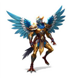 Aarakocra fighter character in a dynamic pose, showcasing detailed feathered wings and a strong physique