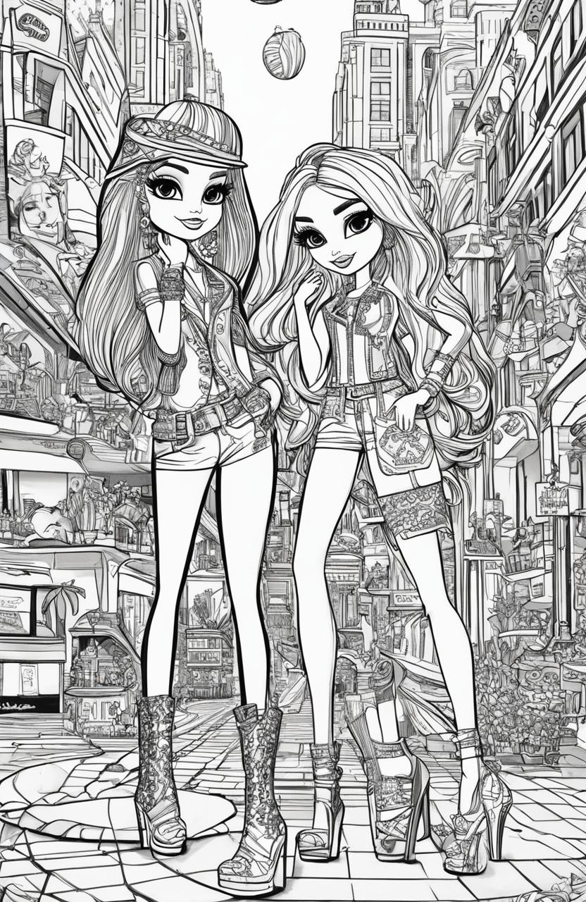 A black and white, intricately detailed colouring book page featuring the Bratz dolls in a vibrant shopping scene