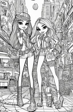 A black and white, intricately detailed colouring book page featuring the Bratz dolls in a vibrant shopping scene