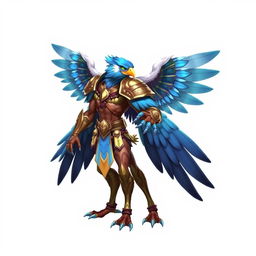 Aarakocra fighter character in a dynamic pose, showcasing detailed feathered wings and a strong physique