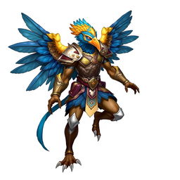 Aarakocra fighter character in a dynamic pose, showcasing detailed feathered wings and a strong physique