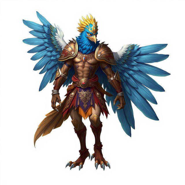 Aarakocra fighter character in a dynamic pose, showcasing detailed feathered wings and a strong physique