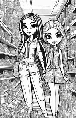 A black and white, intricately detailed colouring book page featuring the Bratz dolls in a vibrant shopping scene