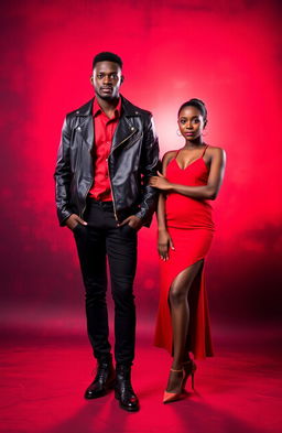 A striking image featuring a black man and a black woman, both dressed in fashionable red and black attire