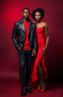 A striking image featuring a black man and a black woman, both dressed in fashionable red and black attire