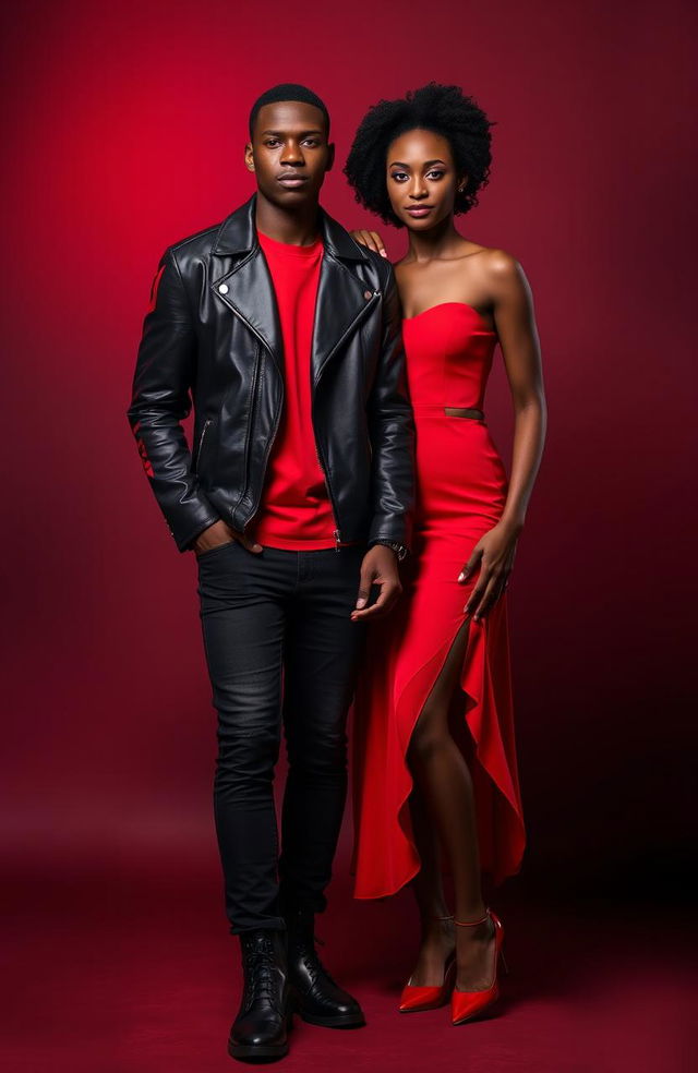 A striking image featuring a black man and a black woman, both dressed in fashionable red and black attire