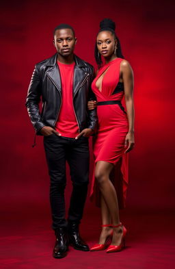 A striking image featuring a black man and a black woman, both dressed in fashionable red and black attire